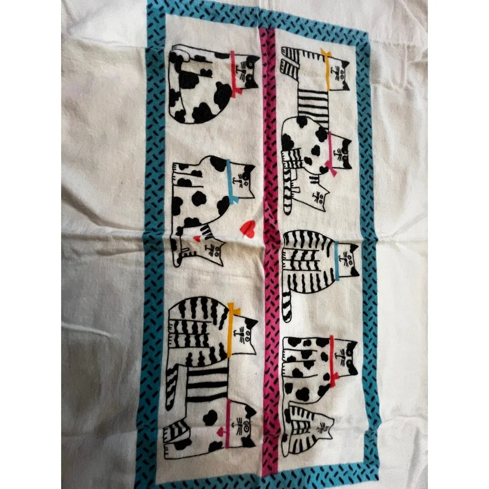Vintage Stevens Flannel Pillowcase Set 2pc Whimsical Cat Print Cotton USA 90s